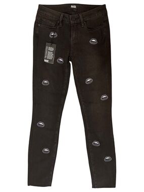 PAIGE Transcend Verdugo Ankle Lippy Lip Embroider Black Skinny Jeans NWT Size 24